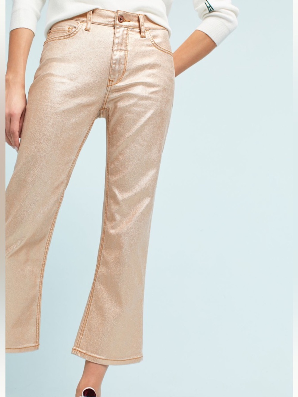 Anthropologie Pilcro Coated High-Rise Cropped Flare Gold Metallic Jeans Size 28 - Picture 4 of 12